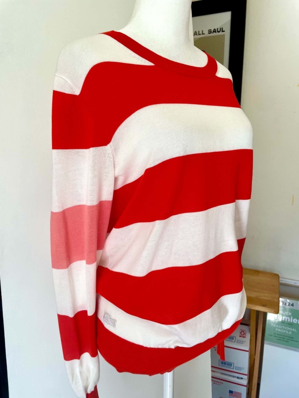 Lacoste Red Pink White M Striped Crewneck Lightweight Knit Top